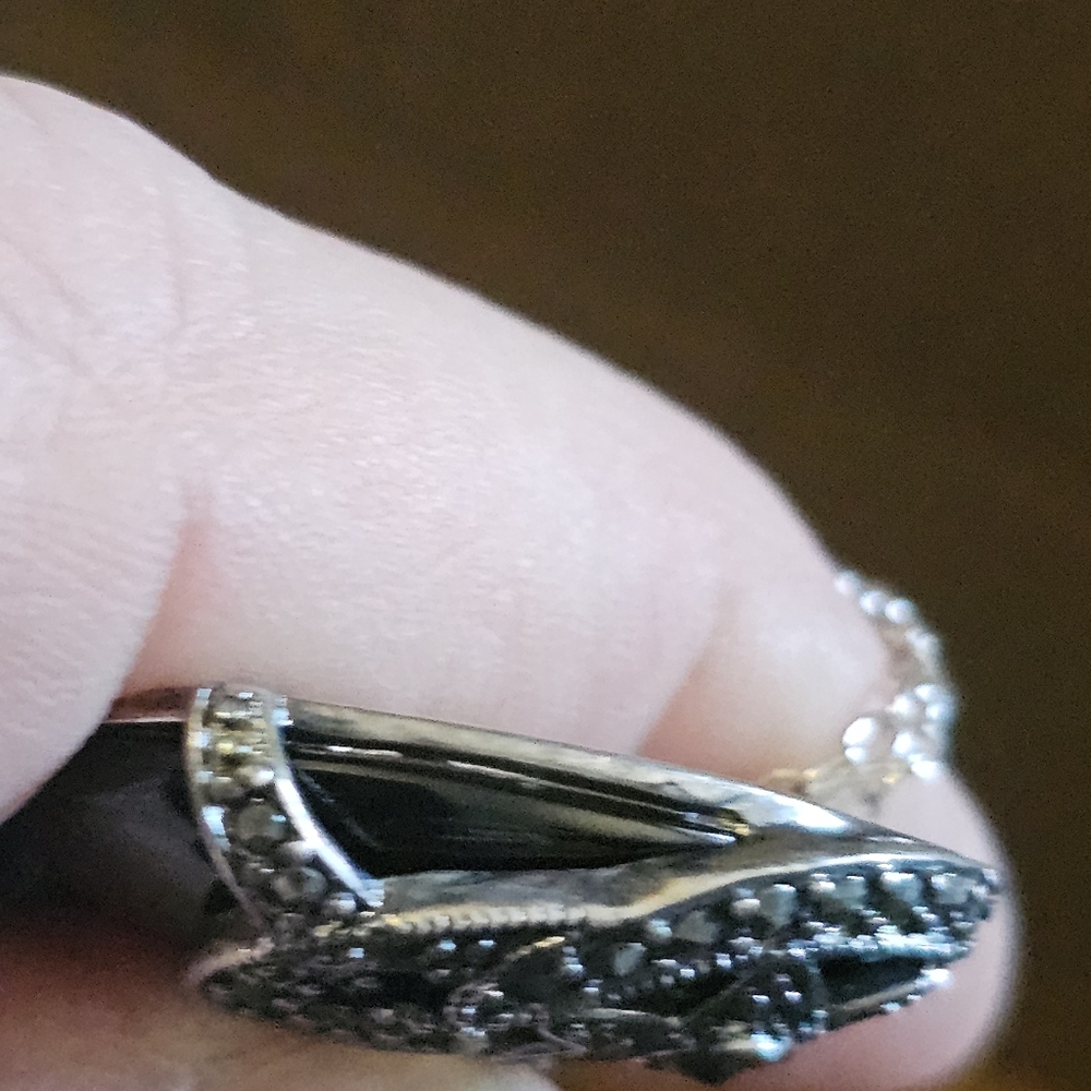 Black Heart Onyx Marcasite Pendant Necklace Filigree - Picture 3 of 9